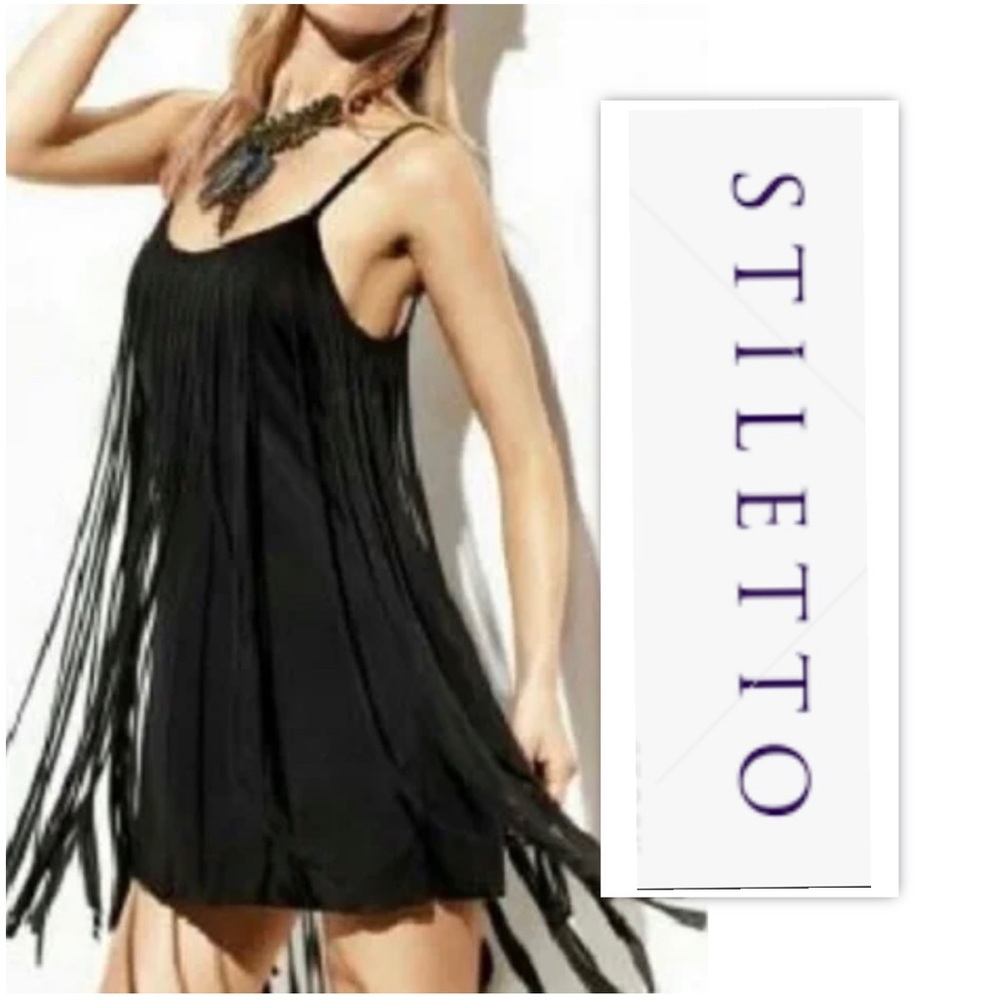 Stiletto Black Short Sleeveless Boho Fringed Mini Dress